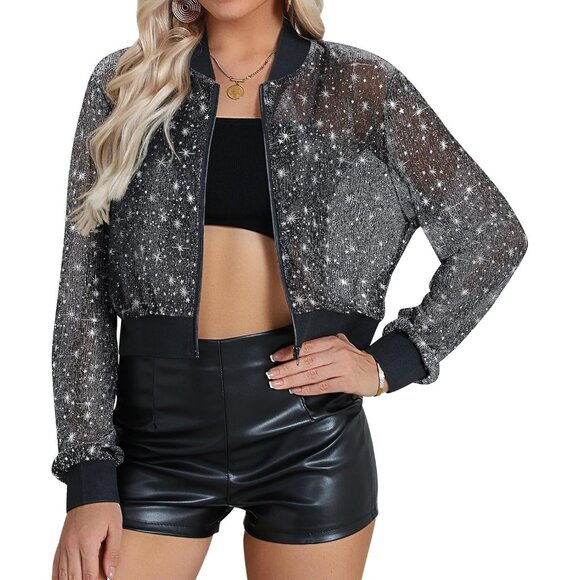 Womens Black Star Sheer Mesh Sparkly Crop Bomber Jacket Glitter Rave Outfit - Picture 1 of 4